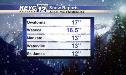 Wow!Owatonna was the “winner” with 17″ of snow.  13″ reported in Mankato.  Here …